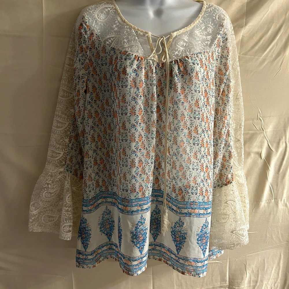 New Medium Blu Pepper Floral laced embellished flare sleeve top #1850*8